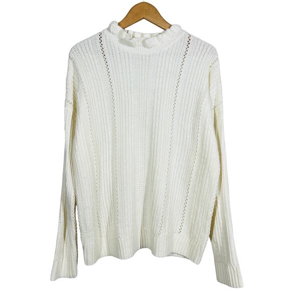Mustard Seed Cable Knit Ruffle Neck Sweater Cream Casual Knit Long Slv - L - Picture 1 of 5